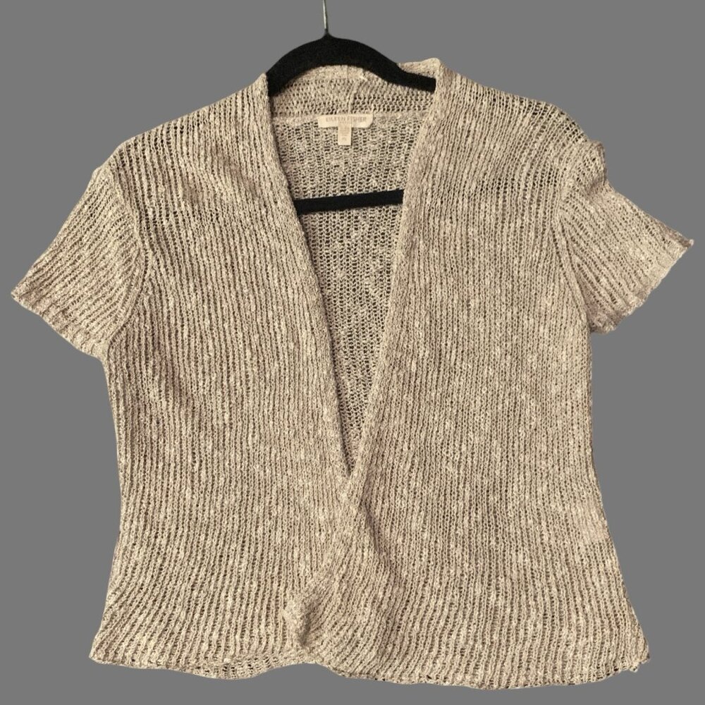 EILEEN FISHER PS linen Cardigan Sweater Beige Crochet Open Front Short Sleeve